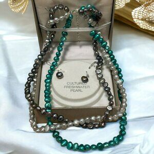 Freshwater 3 Strand Cultured Pearl 16" Choker Necklace w/ Silver Earrings